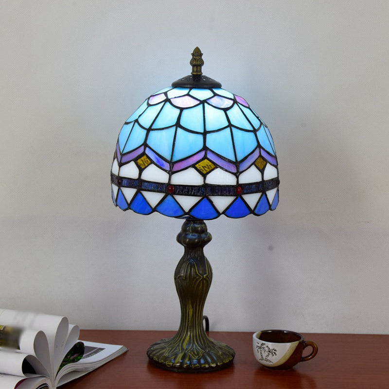 Mediterranean Dome Gridded Glass Table Lamp - Blue Nightstand Light for Living Room