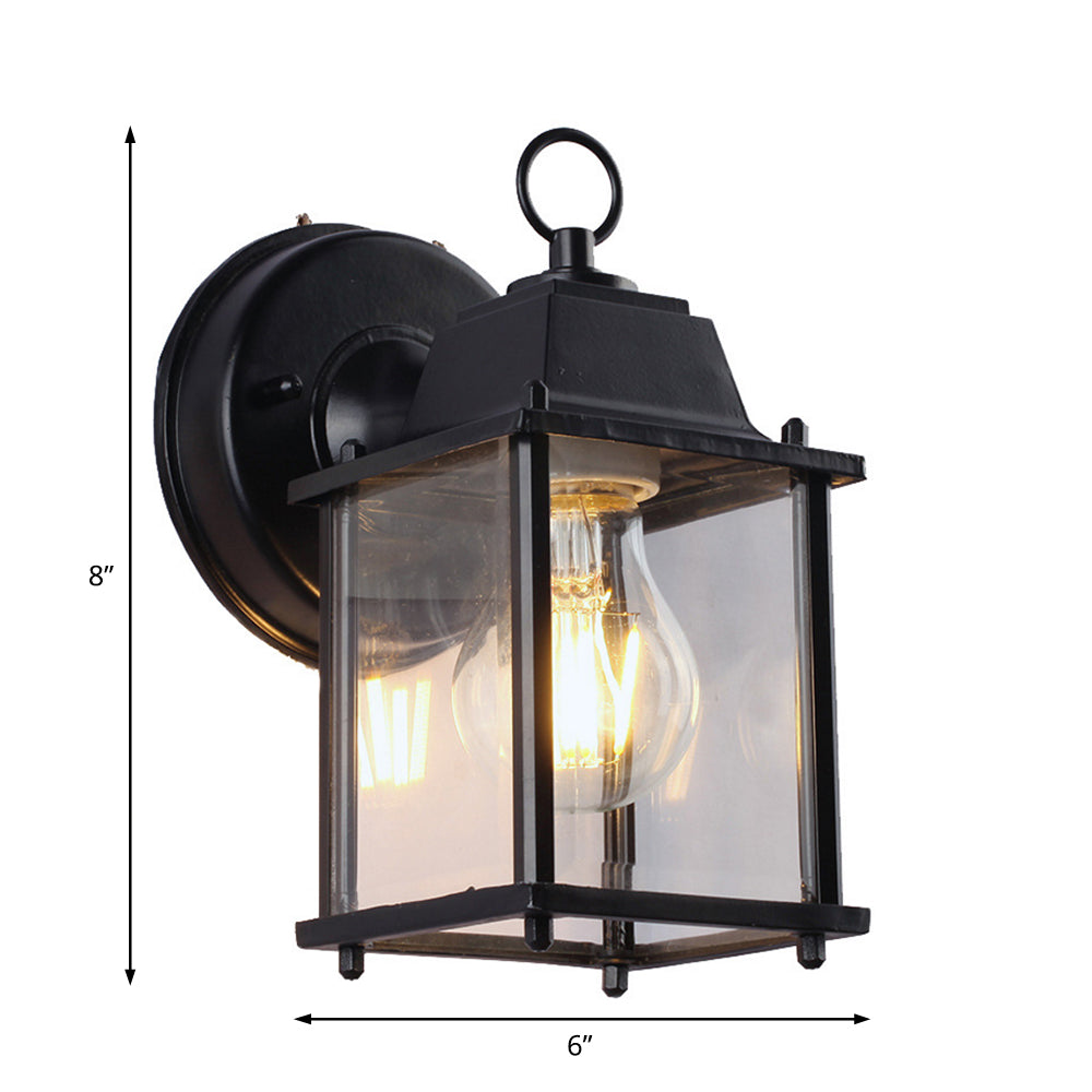 Outdoor Black Wall Mounted Sconce Lamp - Industrial Square Shade, Clear Glass, 1 Bulb