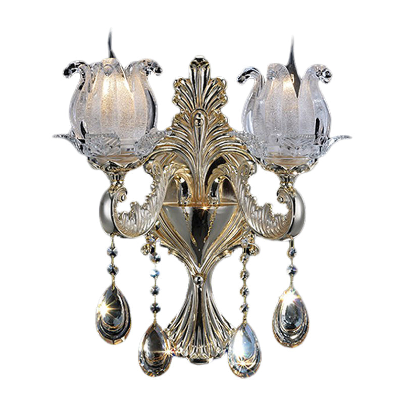 Traditional Gold Semi-Open Flower Frosted Glass Sconce for Living Room Wall.