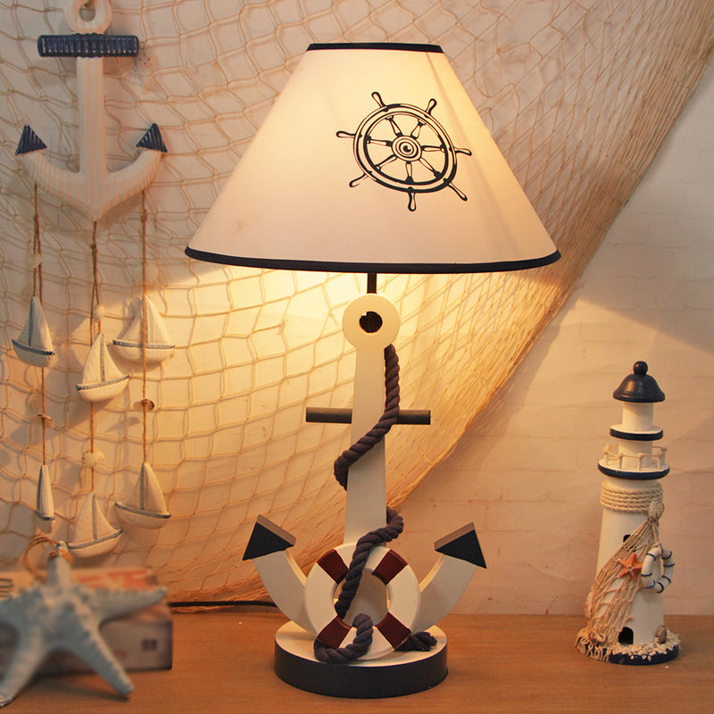 Lampe de table en bois pour enfants – Bouée de sauvetage/gouvernail, lampe de chevet bleue à 5 lumières avec abat-jour conique en tissu
