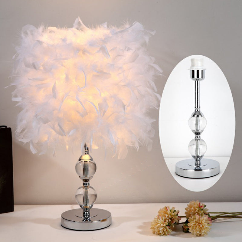 Artistic Feather Cylinder Nightstand Lamp - Nickel Table Lighting for Bedroom