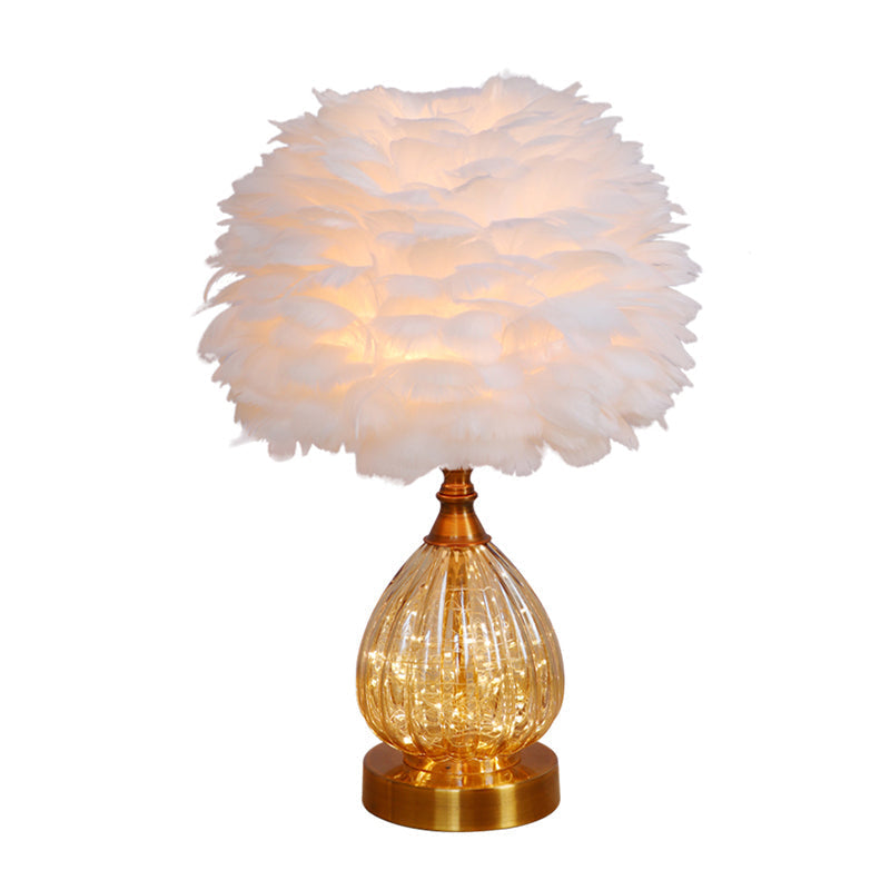 Modernist White Feather Night Table Lamp with Tapered Base - 1 Light Desk Light