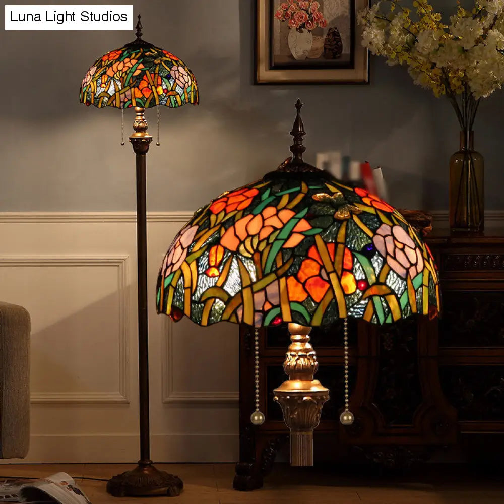 Green Stained Glass Bowl Pull Chain Floor Lamp - 2 Heads Stand, Decorative Flower Light