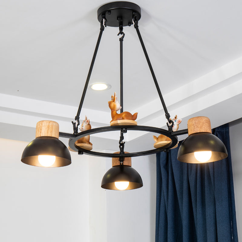 Lustre suspendu en forme de dôme pour enfants : éclairage à suspension en métal à 3/6 lumières avec décor de cerf/cheval en noir/blanc