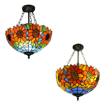 Sunflower Stained Glass Ceiling Light - Rustic Tiffany Style in Orange - 12