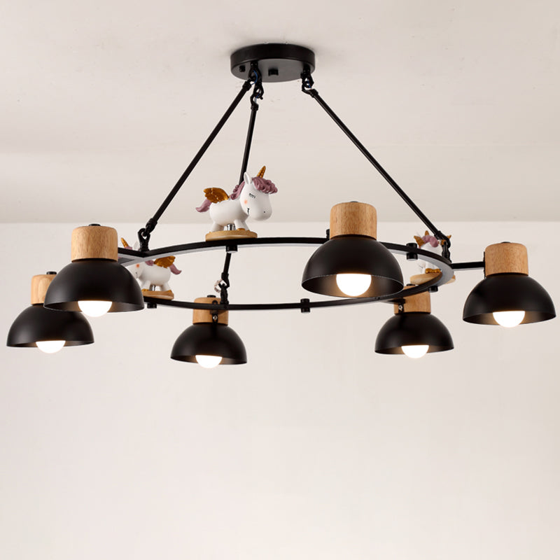 Lustre suspendu en forme de dôme pour enfants : éclairage à suspension en métal à 3/6 lumières avec décor de cerf/cheval en noir/blanc