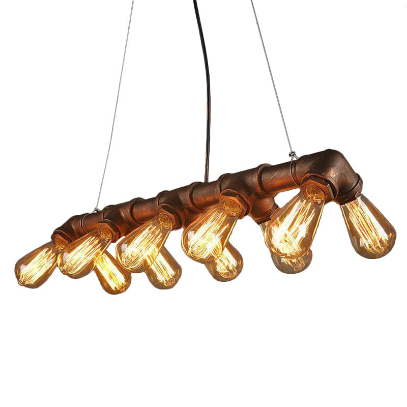 Copper and Black Industrial Kitchen Island Pendant Light with Symmetric Piping and 10 Bulbs