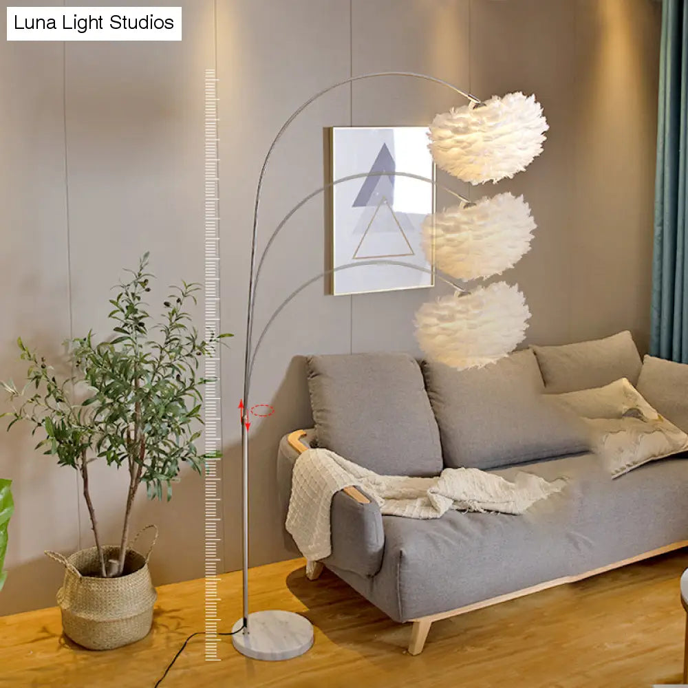 Simple White Feather Floor Lamp with Extendable Fishing Rod Arm