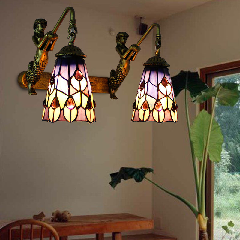 Meerkleurig glas-in-lood Tiffany uitlopende wandmontagelamp - 2-koppige gang met pauwstaart/bloempatroon