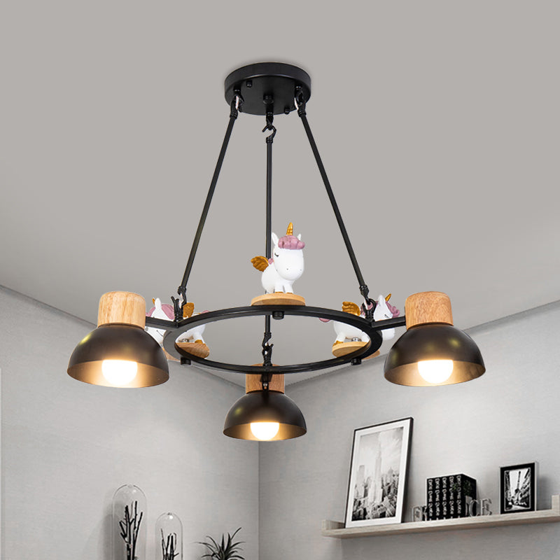 Lustre suspendu en forme de dôme pour enfants : éclairage à suspension en métal à 3/6 lumières avec décor de cerf/cheval en noir/blanc