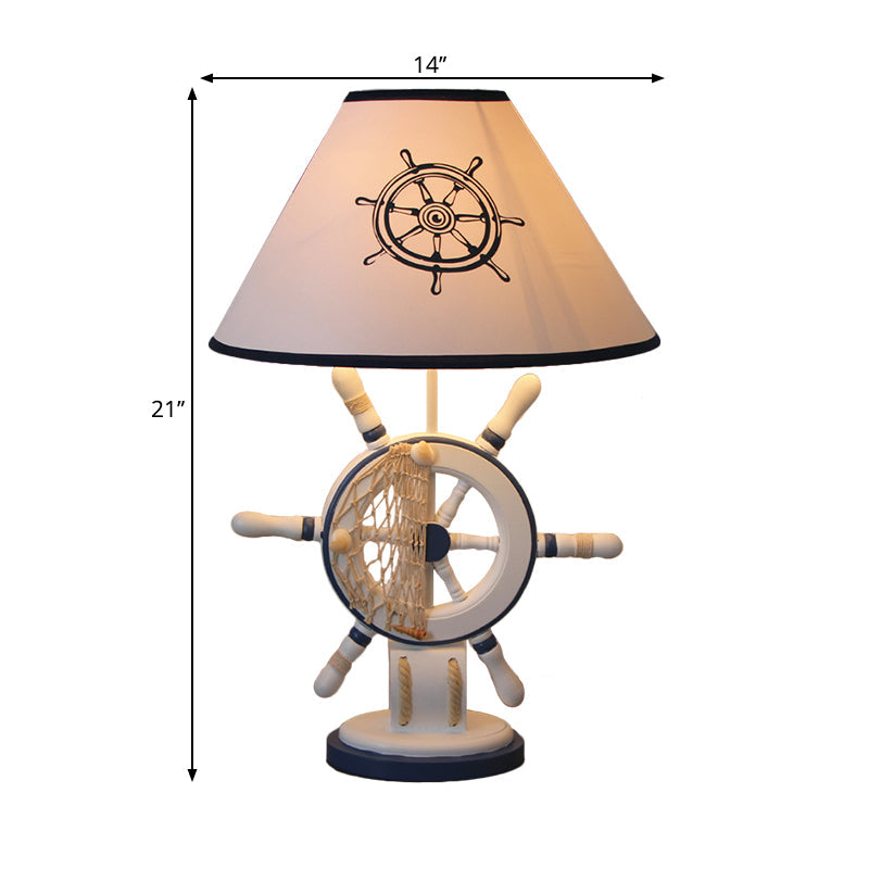 Lampe de table en bois pour enfants – Bouée de sauvetage/gouvernail, lampe de chevet bleue à 5 lumières avec abat-jour conique en tissu