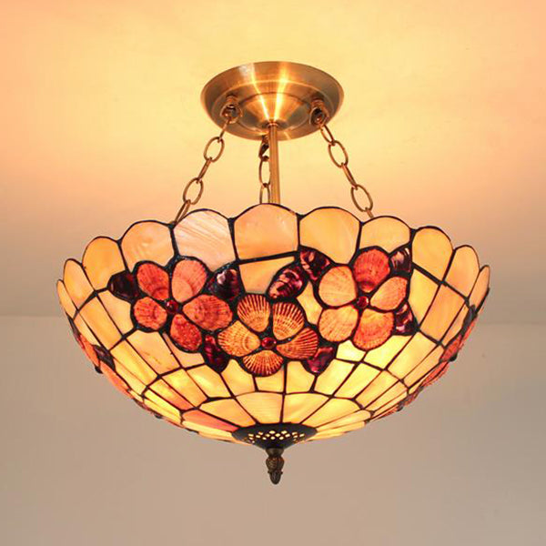 Scalloped Shade Semi Flush Stained Glass Ceiling Light Retro Style, 12