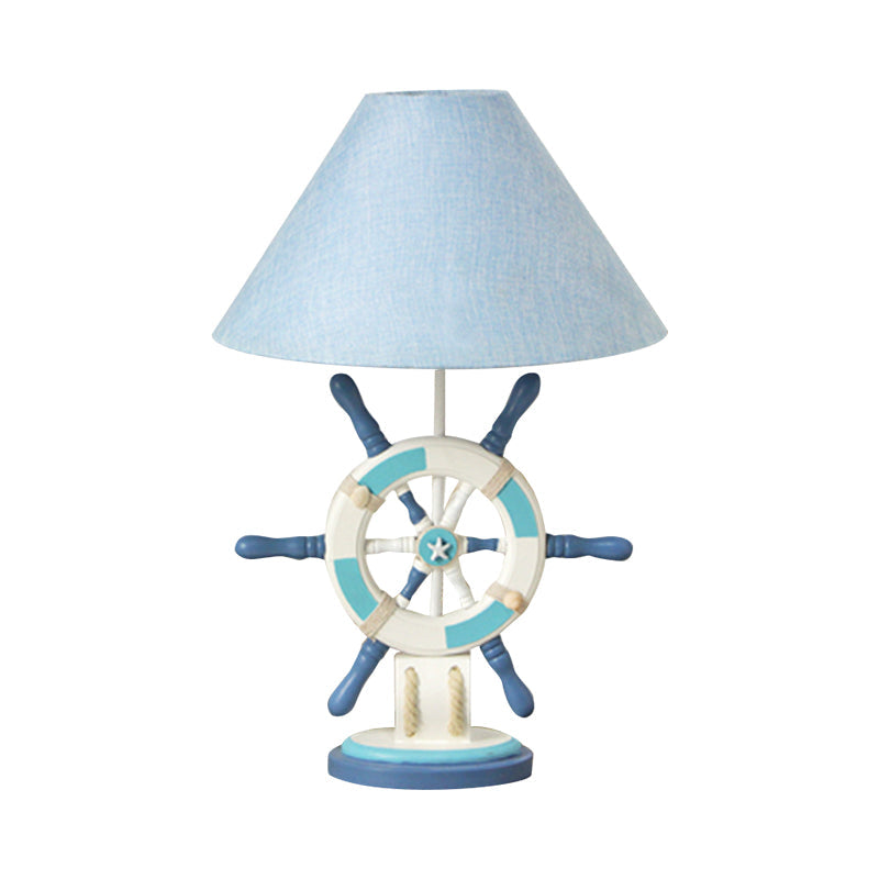 Lampe de table en bois pour enfants – Bouée de sauvetage/gouvernail, lampe de chevet bleue à 5 lumières avec abat-jour conique en tissu