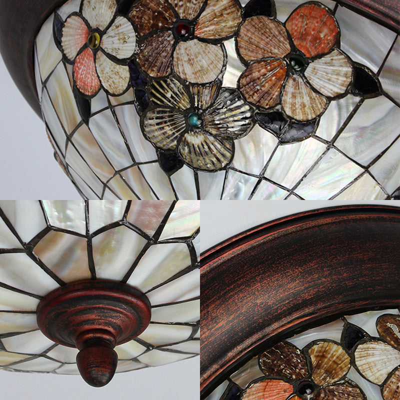 Beige Round Flushmount Lodge Stained Glass Ceiling Light Fixture with Floral/Geometric Elements