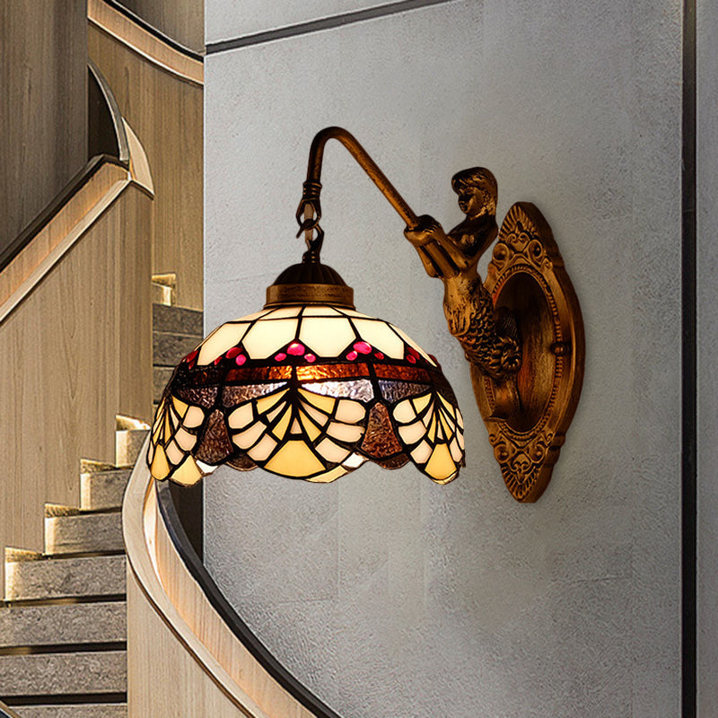 Tiffany Gold Cut Glass Wall Sconce with Scalloped Dome and Mermaid Arm