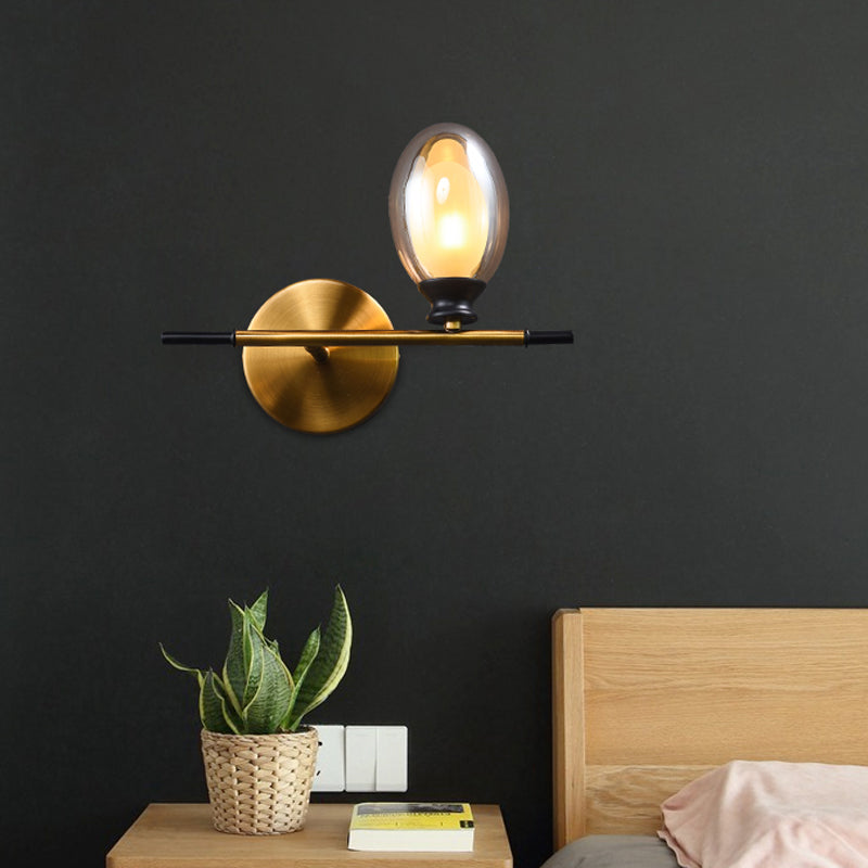 Mid Century Brass Wall Lamp with Dual Oval Clear/Amber Glass Shade
