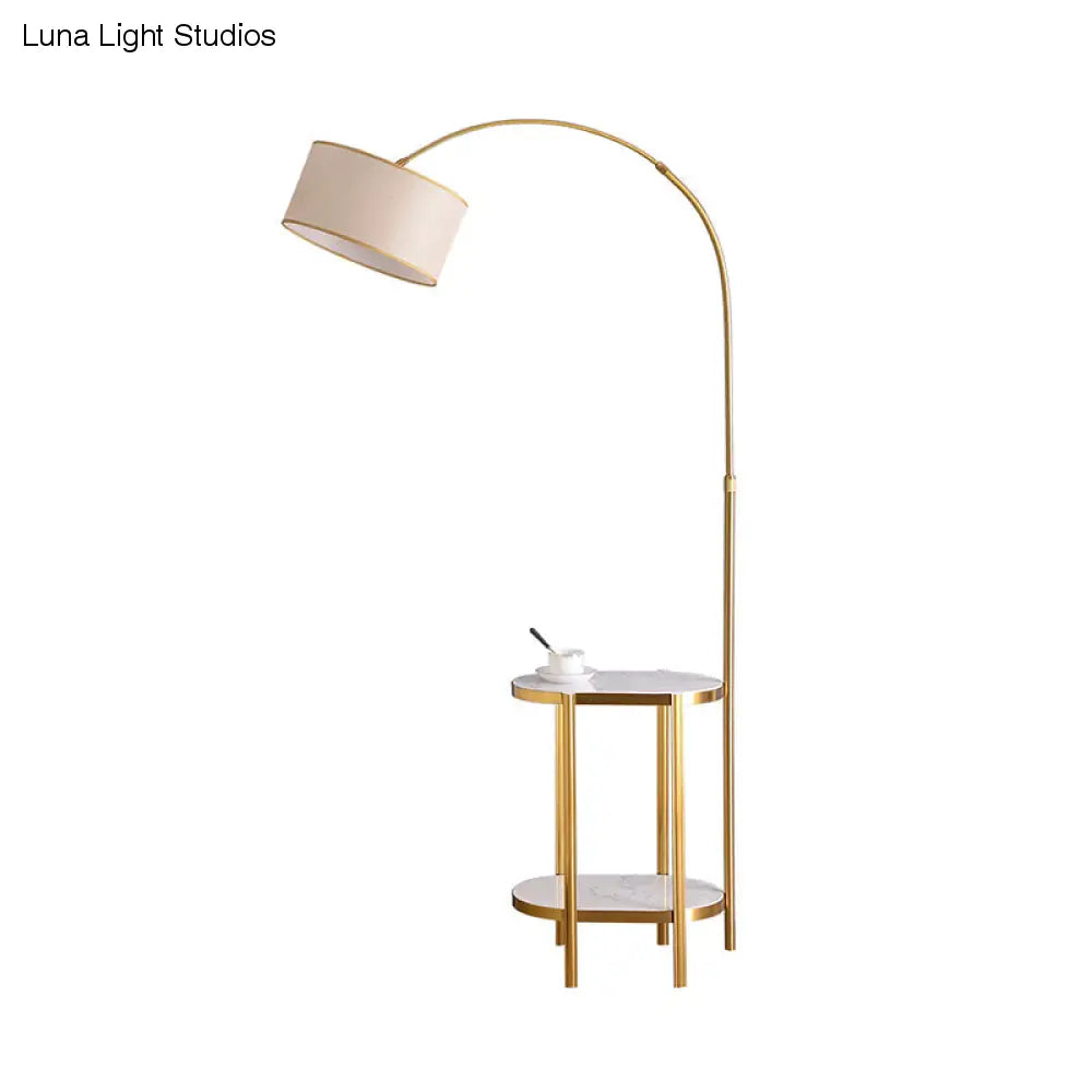 Modern Round Floor Lamp with Shelf - Simple Fabric Shade, Arched Design - Ideal for Living Room Lighting
