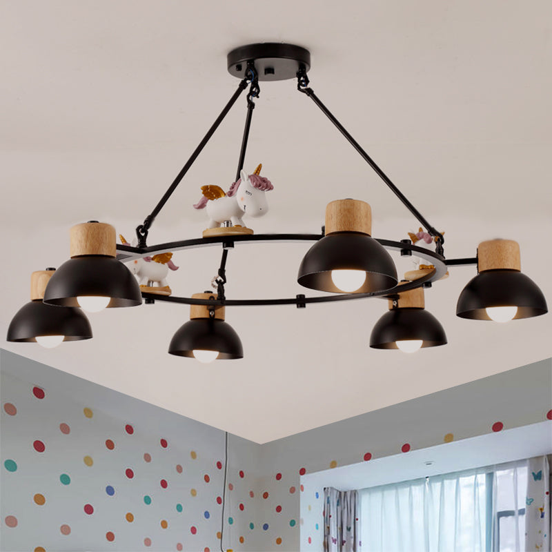 Lustre suspendu en forme de dôme pour enfants : éclairage à suspension en métal à 3/6 lumières avec décor de cerf/cheval en noir/blanc