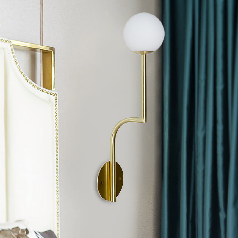 Minimalist Opal Glass Wall Sconce with Long Curved Arm - Single Bulb Lamp in Black/Gold