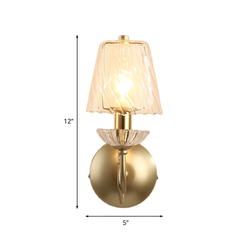 Gold Conical Sconce with Clear Twisted Glass Shade - Minimalist Single Bulb Wall Light
