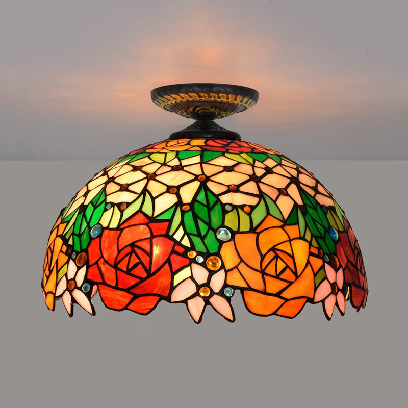 Bronze Rose/Flower Tiffany Ceiling Lamp - Multicolored Stained Glass Flush Mount Lighting