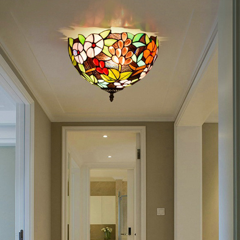 Flower Ceiling Lighting Tiffany Brass Flush Mount Light for Hallway - 2/3 Lights, 12