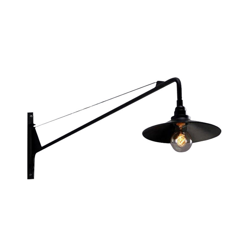 Metallic Wide Flared Wall Lamp: Antiqued 1 Light Coffee Shop Lighting in Black with Long Arm