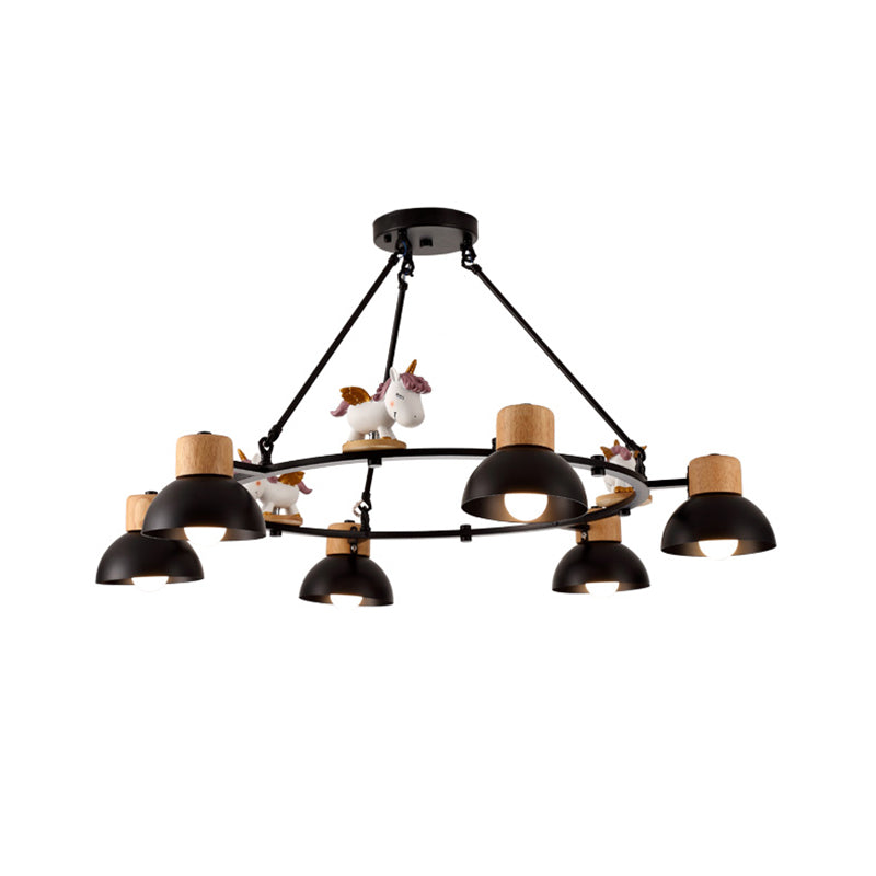 Lustre suspendu en forme de dôme pour enfants : éclairage à suspension en métal à 3/6 lumières avec décor de cerf/cheval en noir/blanc