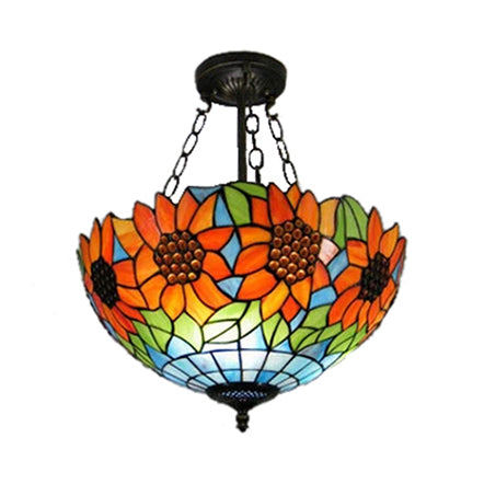 Sunflower Stained Glass Ceiling Light - Rustic Tiffany Style in Orange - 12