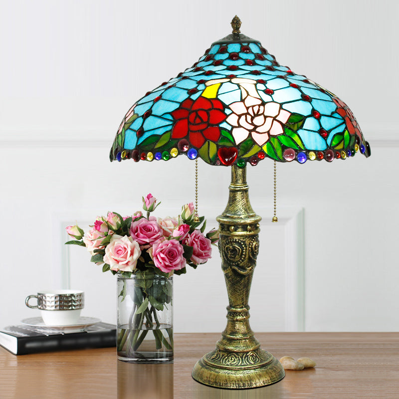 Tiffany Stained Glass Blue Table Lamp with Pull Chain - Rose Pattern, 3 Heads, Nightstand Lighting