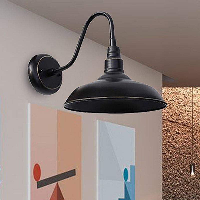 Farmhouse Barn Wall Sconce Lamp with Gooseneck Arm - Outdoor Metal Lighting (Black)
