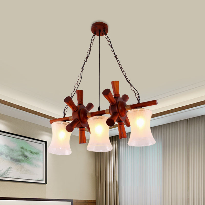 Classic Cream Crackle Glass 3-Light Brown Pendant Light Kit for Dining Room Island with Flared Design and Wood Rudder Deco