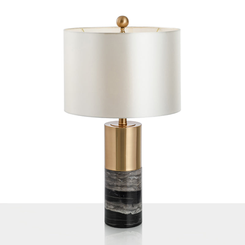 White Fabric Drum Table Lamp with Marble Base - Minimalist Living Room Nightstand Lighting