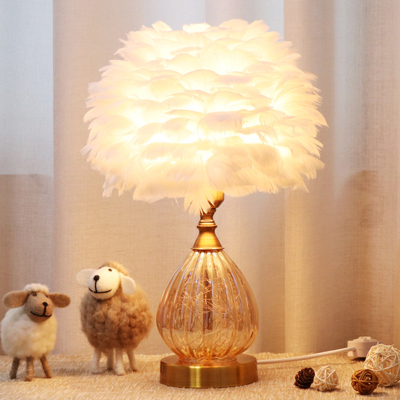 Modernist White Feather Night Table Lamp with Tapered Base - 1 Light Desk Light