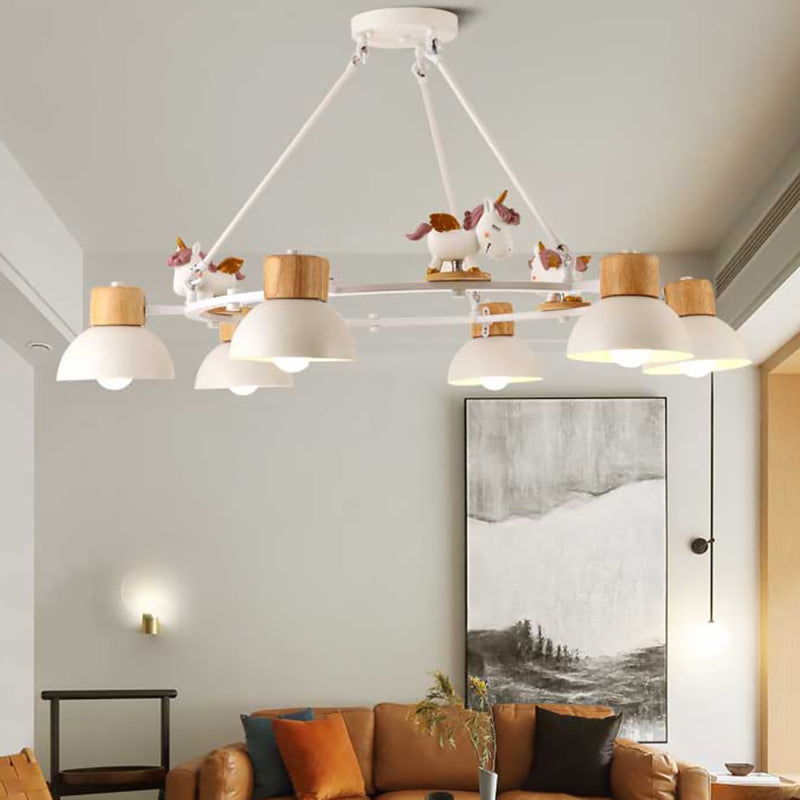 Lustre suspendu en forme de dôme pour enfants : éclairage à suspension en métal à 3/6 lumières avec décor de cerf/cheval en noir/blanc