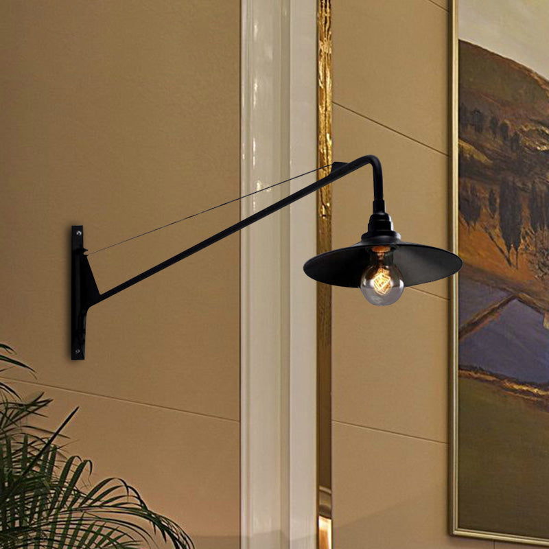 Metallic Wide Flared Wall Lamp: Antiqued 1 Light Coffee Shop Lighting in Black with Long Arm
