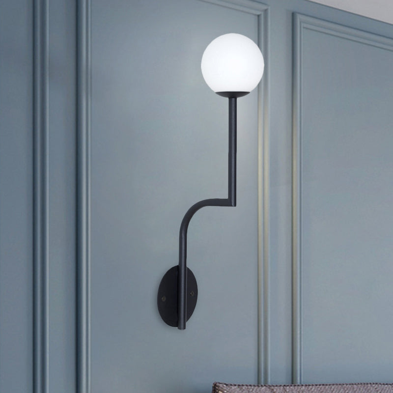 Minimalist Opal Glass Wall Sconce with Long Curved Arm - Single Bulb Lamp in Black/Gold