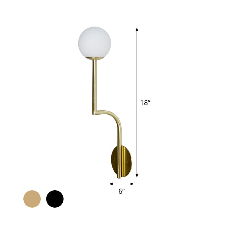 Minimalist Opal Glass Wall Sconce with Long Curved Arm - Single Bulb Lamp in Black/Gold
