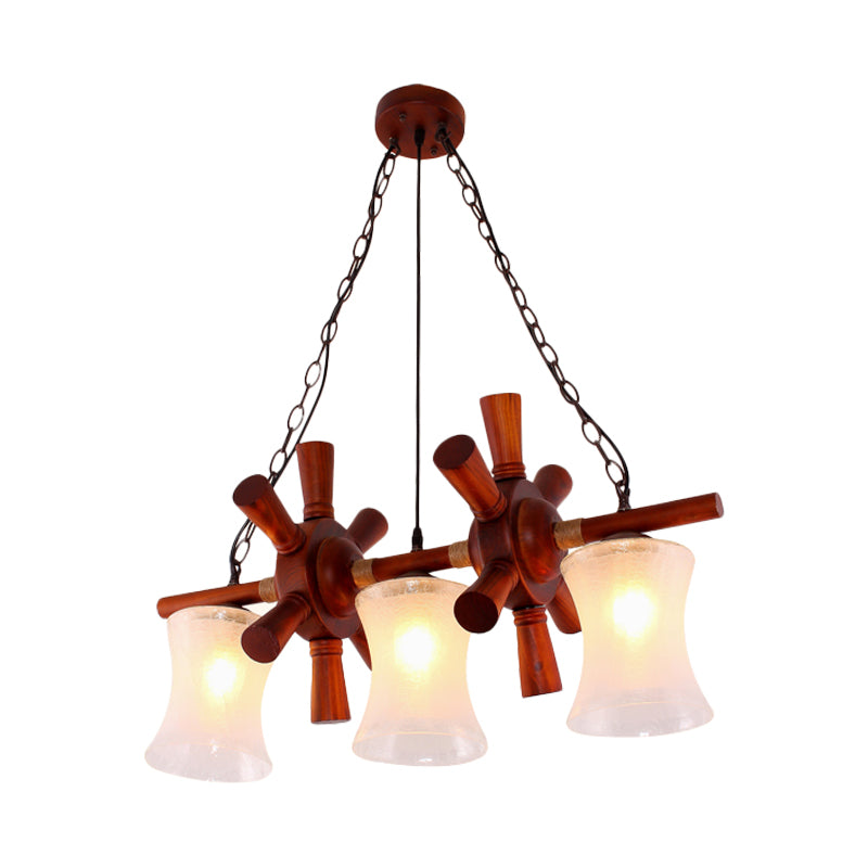 Classic Cream Crackle Glass 3-Light Brown Pendant Light Kit for Dining Room Island with Flared Design and Wood Rudder Deco