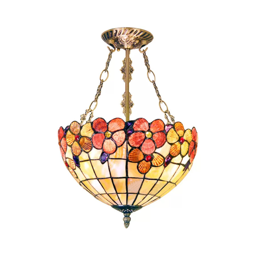 Scalloped Shade Semi Flush Stained Glass Ceiling Light Retro Style, 12
