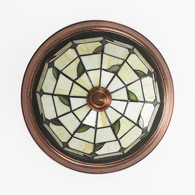 Beige Round Flushmount Lodge Stained Glass Ceiling Light Fixture with Floral/Geometric Elements