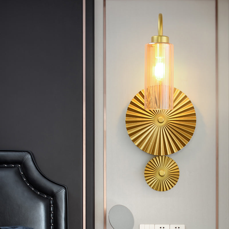 Mid Century Brass Gooseneck Wall Lamp with Glass Shade - Iron Sconce Lighting