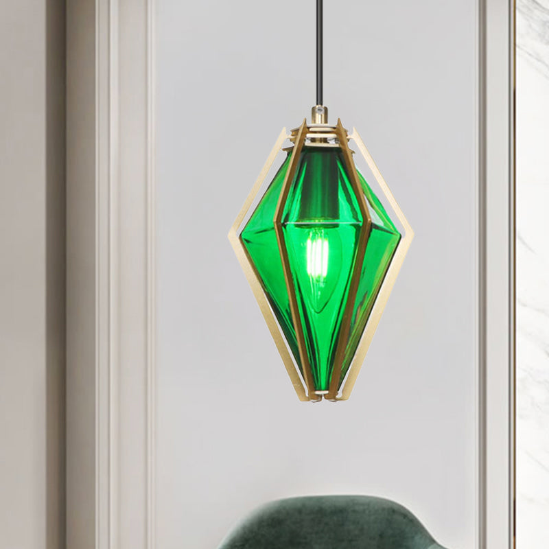Modern Diamond Office Pendant Light, Green/White Glass, 5