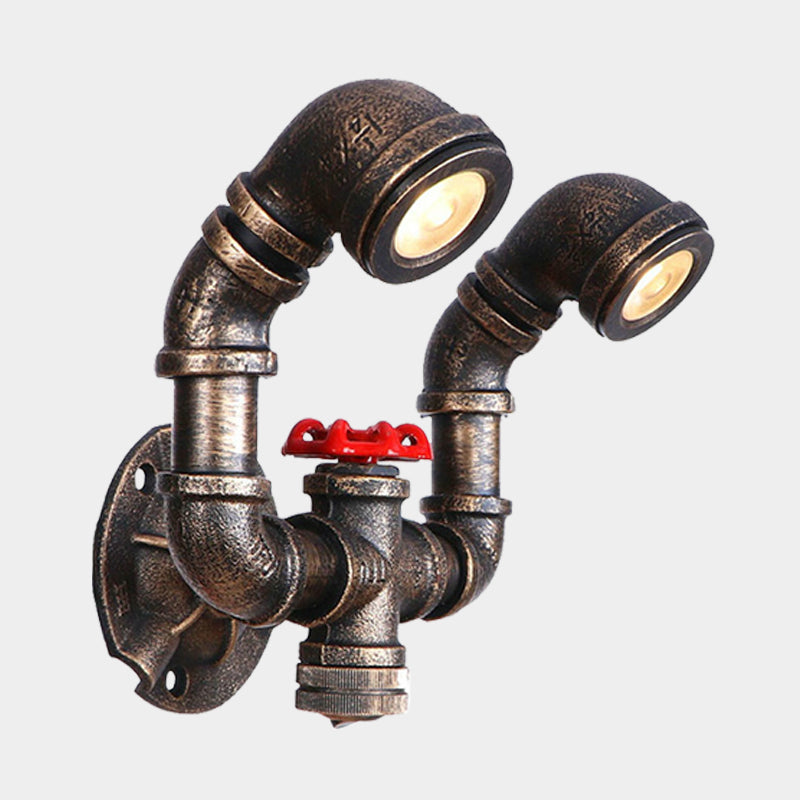 Farmhouse Water Pipe Iron Wall Lamp in Bronze with Red Valve Deco - 1/2-Bulb Sconce Light Fixture