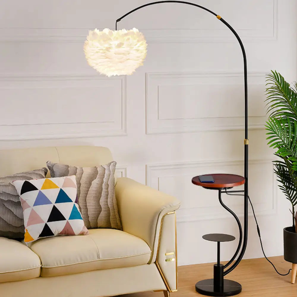 Modern Hemisphere Floor Lamp with Feather Shade and Tray – Stylish Living Room Lighting