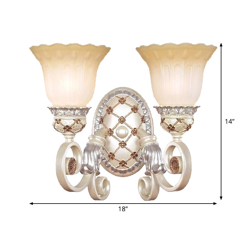 French Country Blossom Wall Sconce - Opaline Glass Lighting with Swirl Arm in Gold