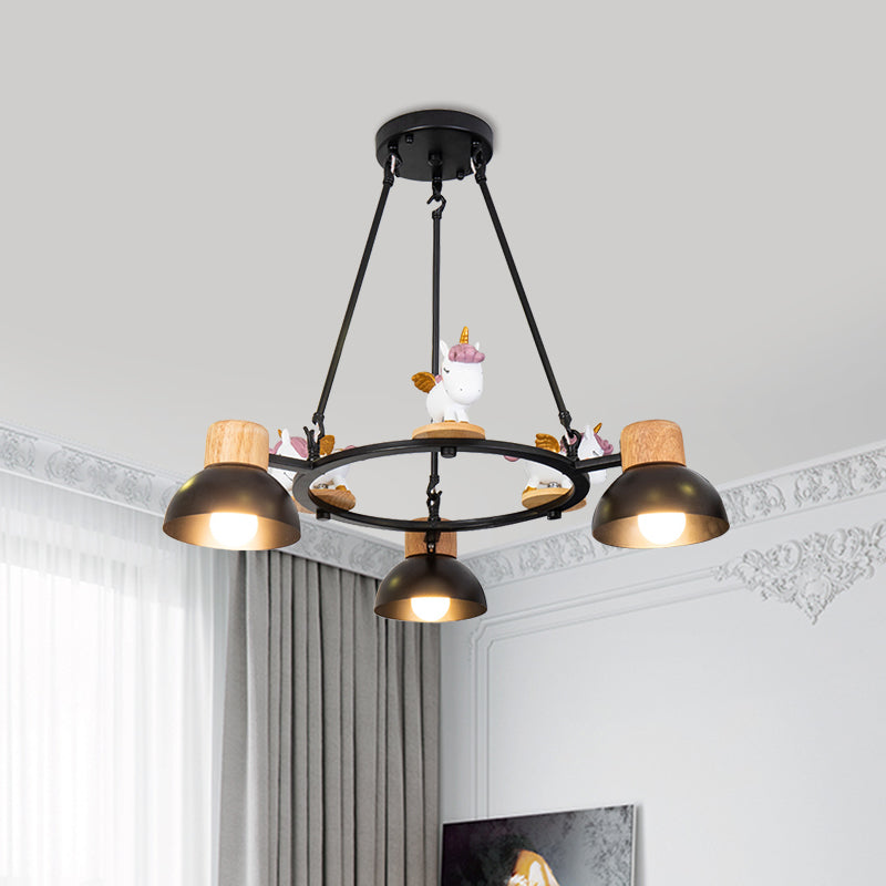 Lustre suspendu en forme de dôme pour enfants : éclairage à suspension en métal à 3/6 lumières avec décor de cerf/cheval en noir/blanc