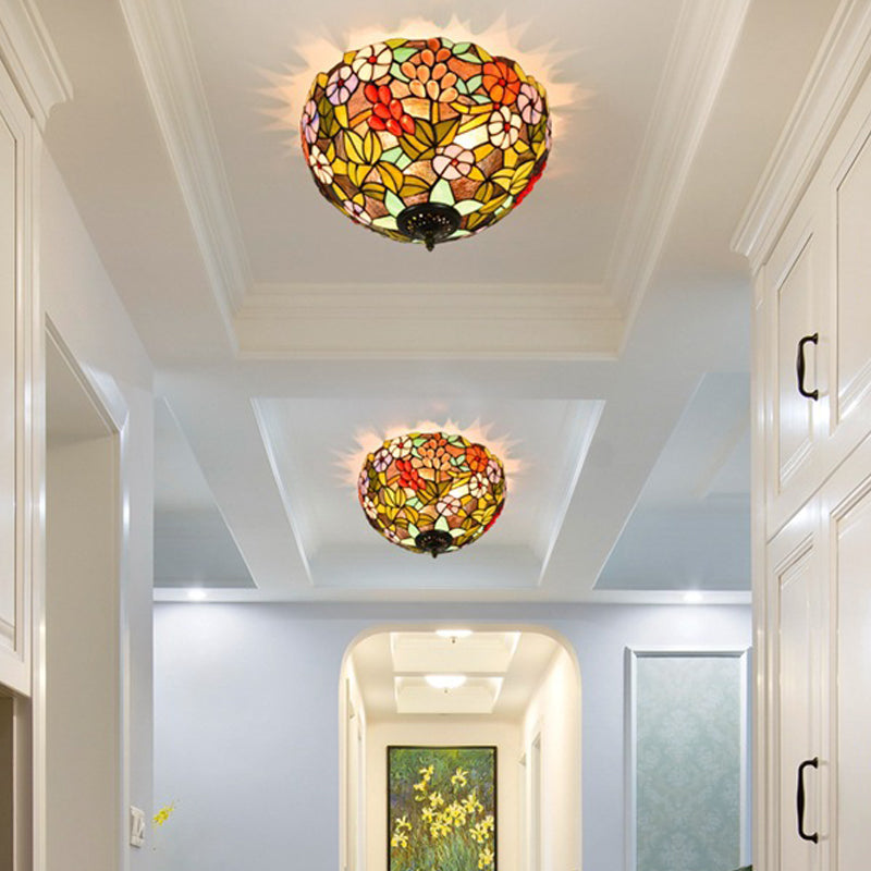 Flower Ceiling Lighting Tiffany Brass Flush Mount Light for Hallway - 2/3 Lights, 12