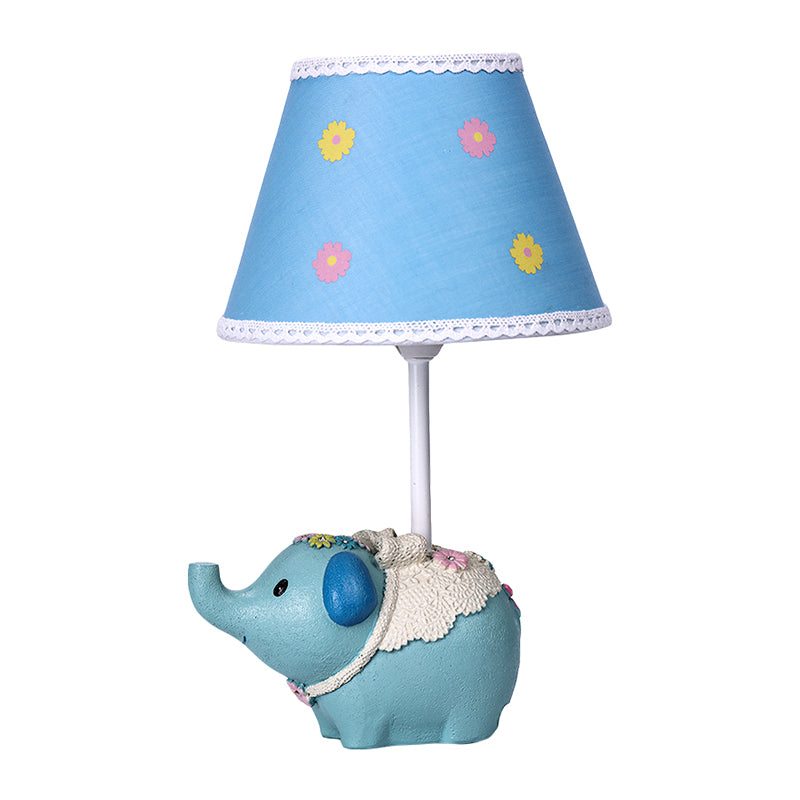 Lampe de bureau cône bleu avec motif floral – Lampe de table en tissu pour enfants, base éléphant