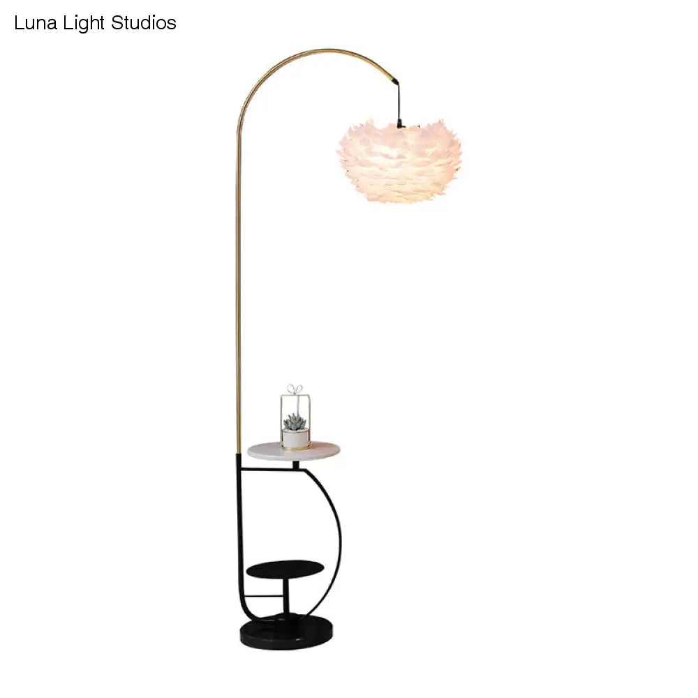 Nordic Metal Fishing Rod Standing Floor Lamp with 2-Tier Tray and Feather Shade